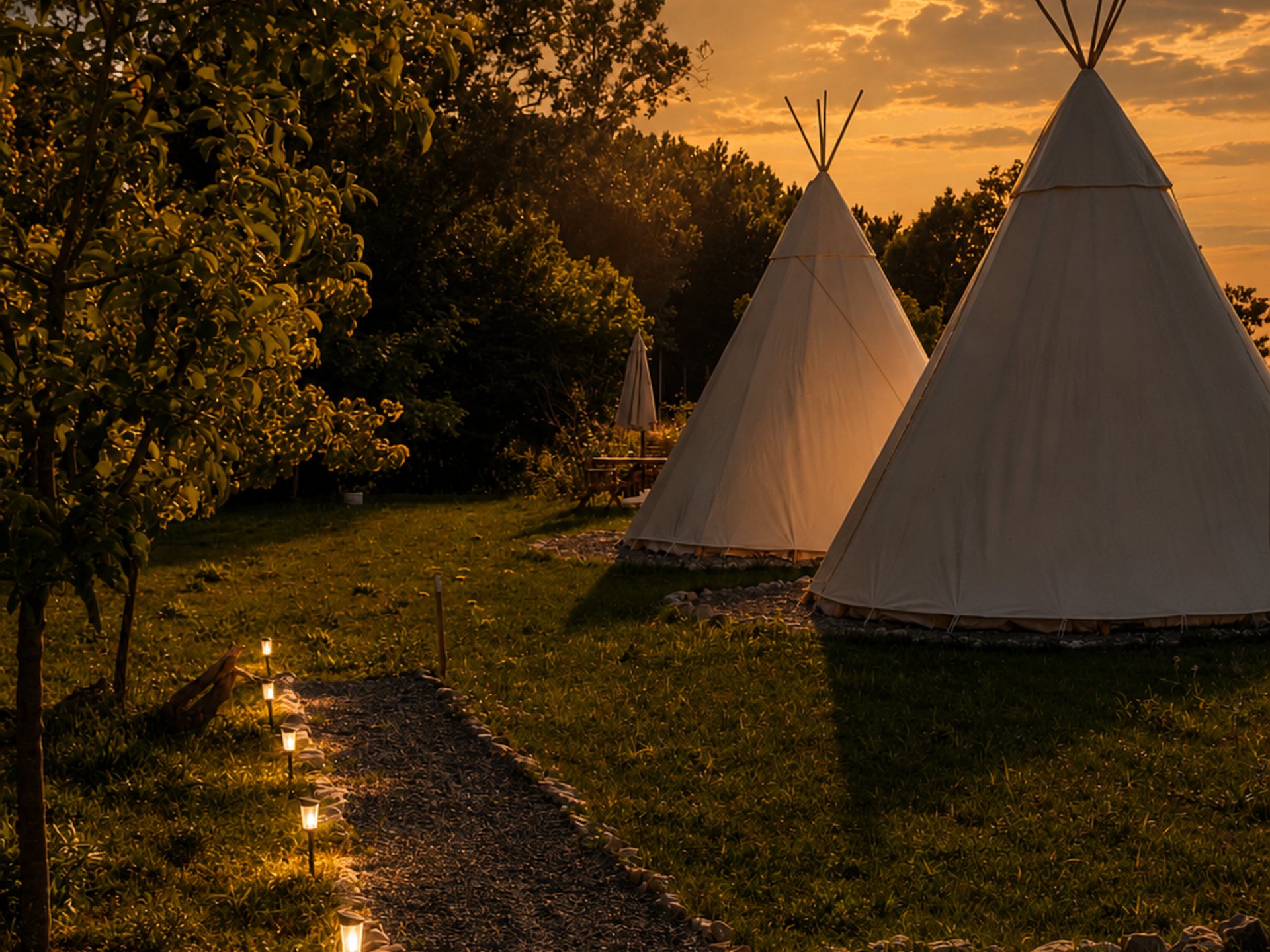 Tipi nature, coucher de soleil et petit-déjeuner