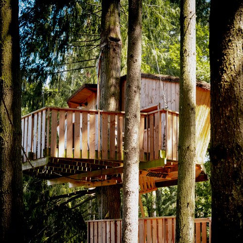 La communauté d'Agglomération de l'Ouest Rhodanien est gestionnaire du site du village des cabanes perchées du Lac des Sapins